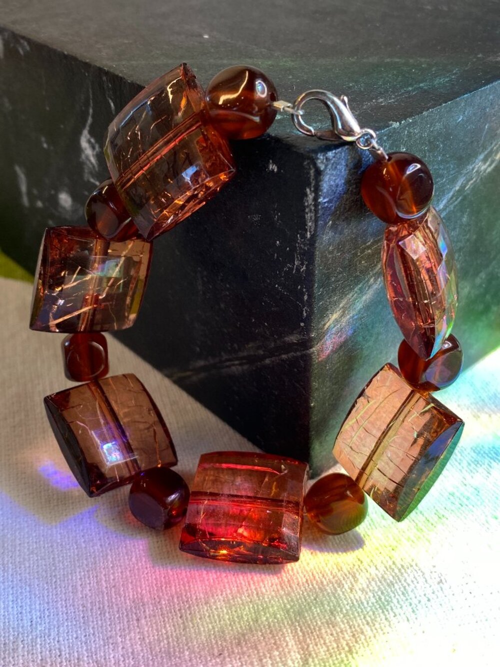 Stunning Vintage Roselite Faceted Crackle Glass Square Bead Statement Bracelet